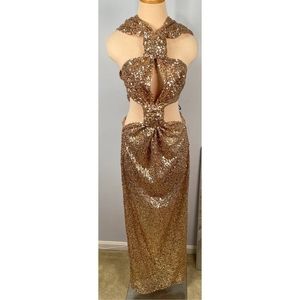 NWT Bronx and Banco Sol Cutout Sequin Maxi Gown in Gold Size XL